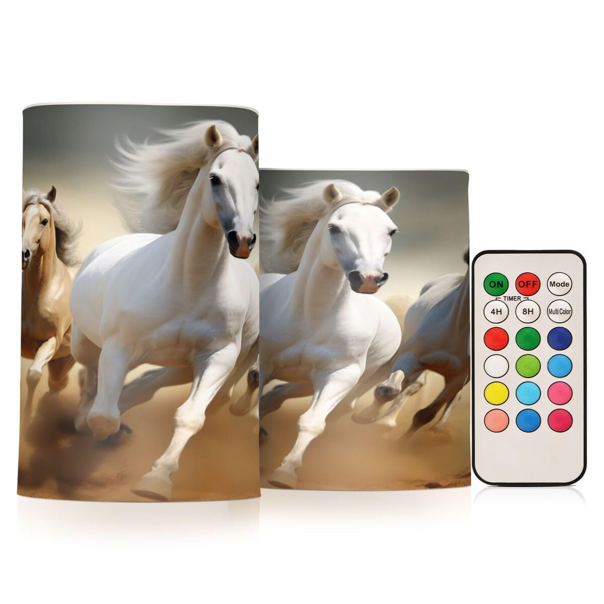 JUMBEAR Running White Horse LED Candles Set of 2,Flameless Candles 4" 5" Real Wax Battery Candle Pillars, 18 Key Remote Control with 24 Hour Timer Function