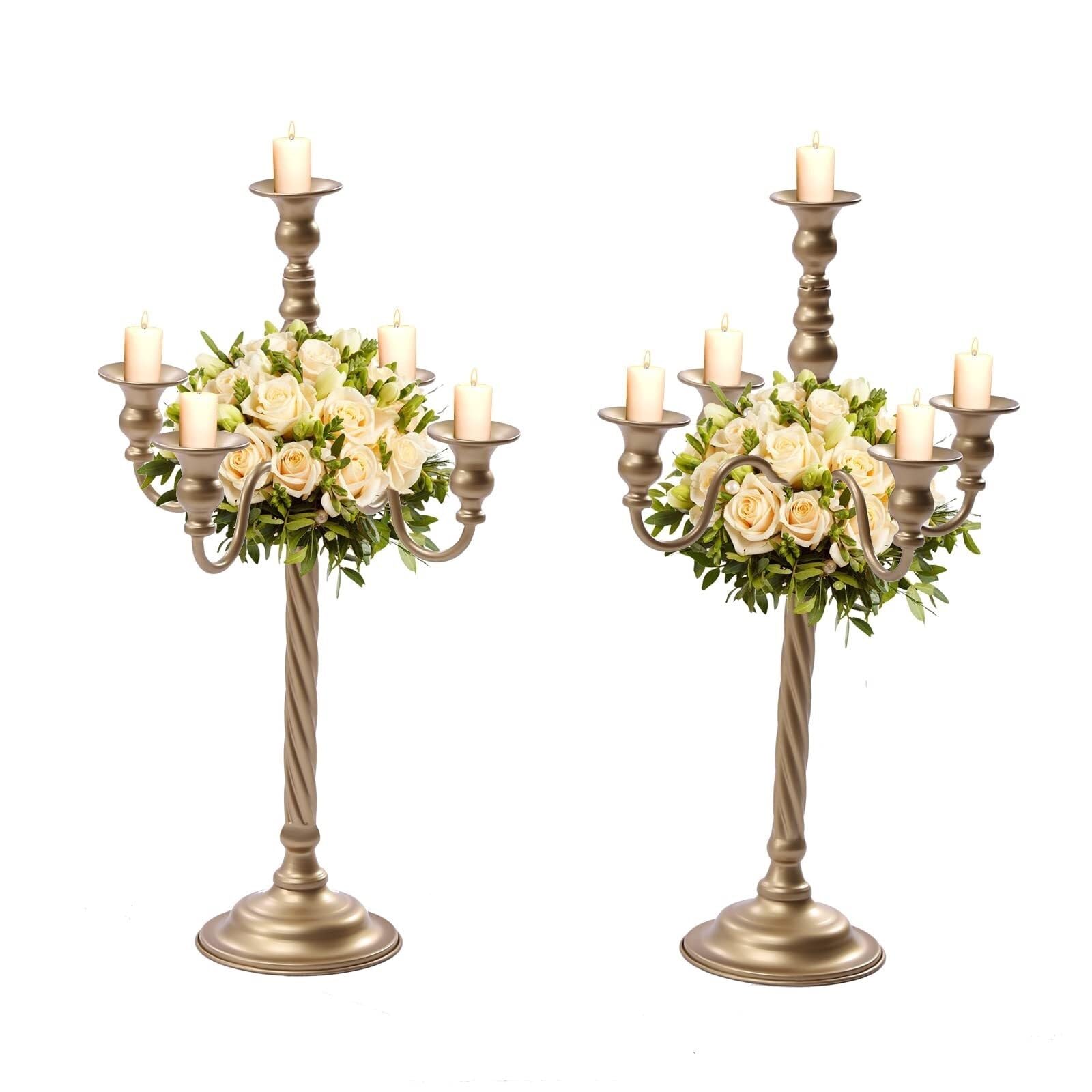 VZXATYOP Confezione da 2 candelabri Dorati Alti 21 Pollici a 5 Bracci Splendidi candelieri Affusolati for centrotavola di Nozze ricevimenti e Feste