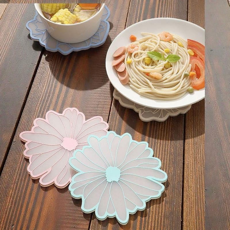 Image of Floral Shaped Silicone Drink Coasters, Set of 3 | Non-Slip & Heat Resistant Table Mats | Aesthetic Cup Coasters for Home & Office | Turquoise, Purple, Orange
