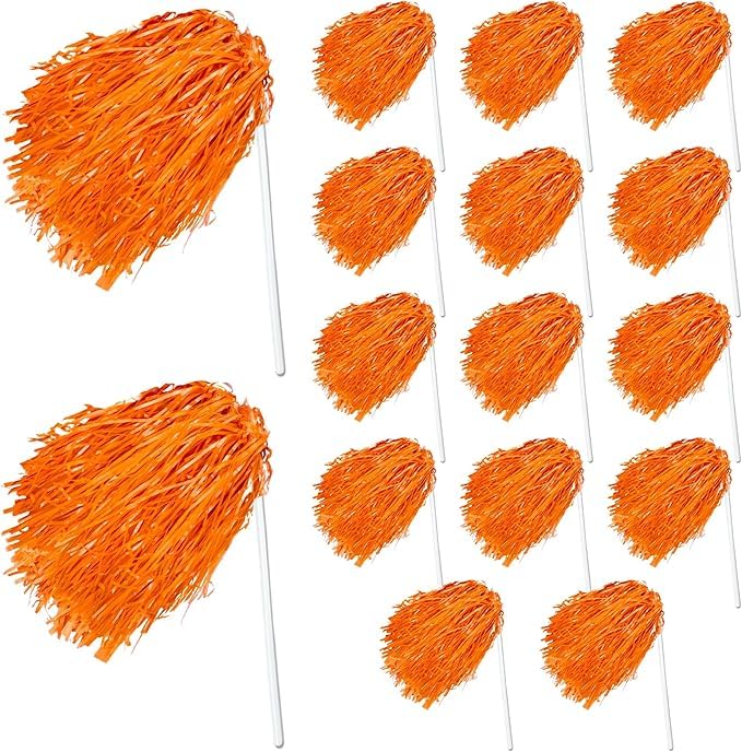 16pcs Cheerleading Pom Poms Metal Foil Plastic Pompoms Bat Long Handle Sports Sports Team Dance Football Basketball Club Spirit Sports Stage Performance Celebration (Orange)
