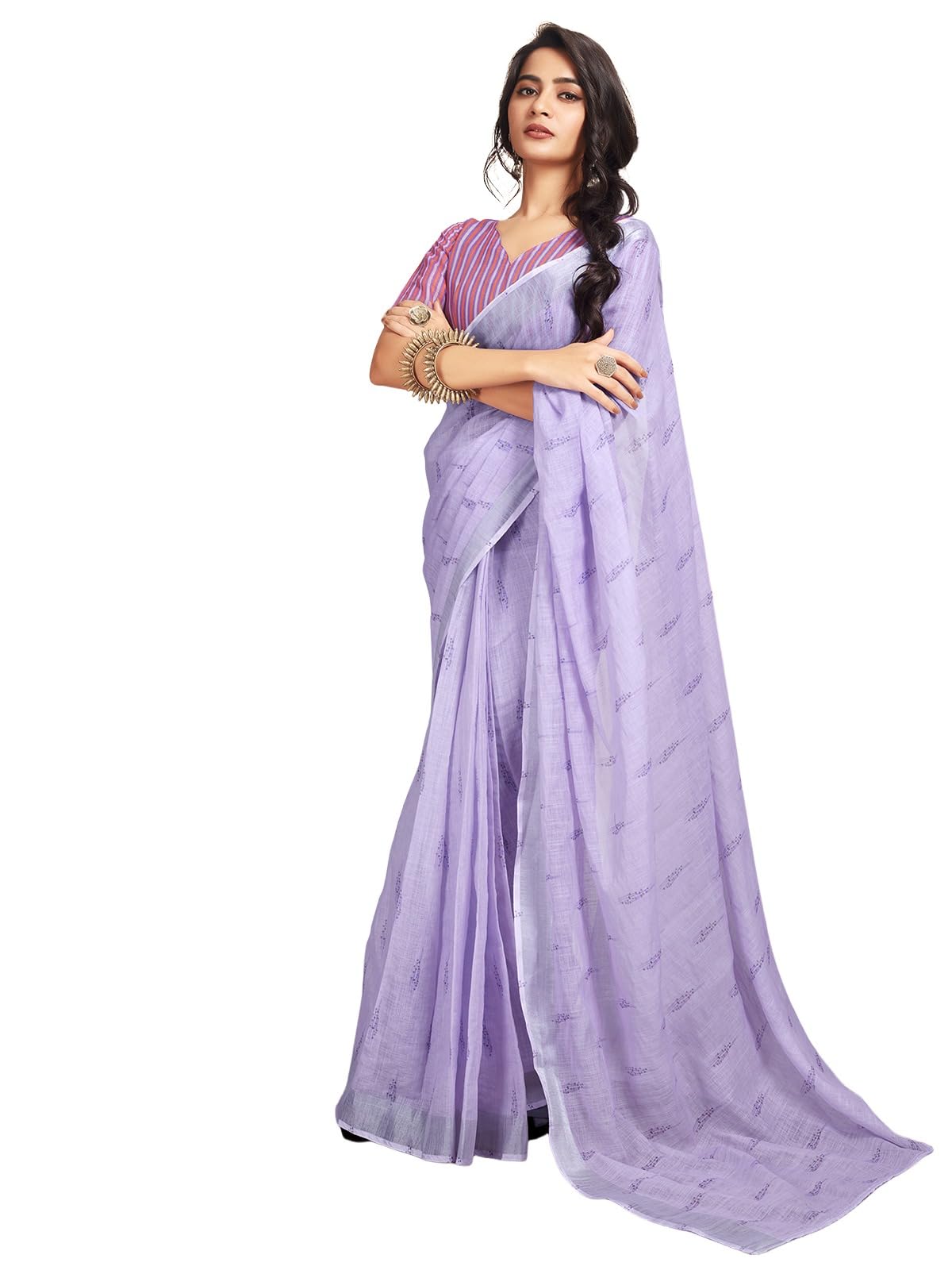 Satrani Women's Cotton Printed Zari Stripe Ready To Wear Saree With Unstitched Blouse Piece (18Rs166N_Lavender4)