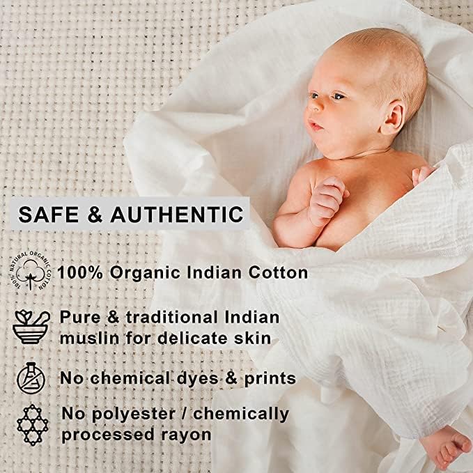 Image of HABER Organic Cotton Muslin Baby Bath Towel 70x100 Pack of 1|4 Layer Ultra Soft Skin Safe Muslin | Highly Absorbent Quick Dry Newborn Towel for Sensitive Skin | Gentle Towel for Infants & Toddlers