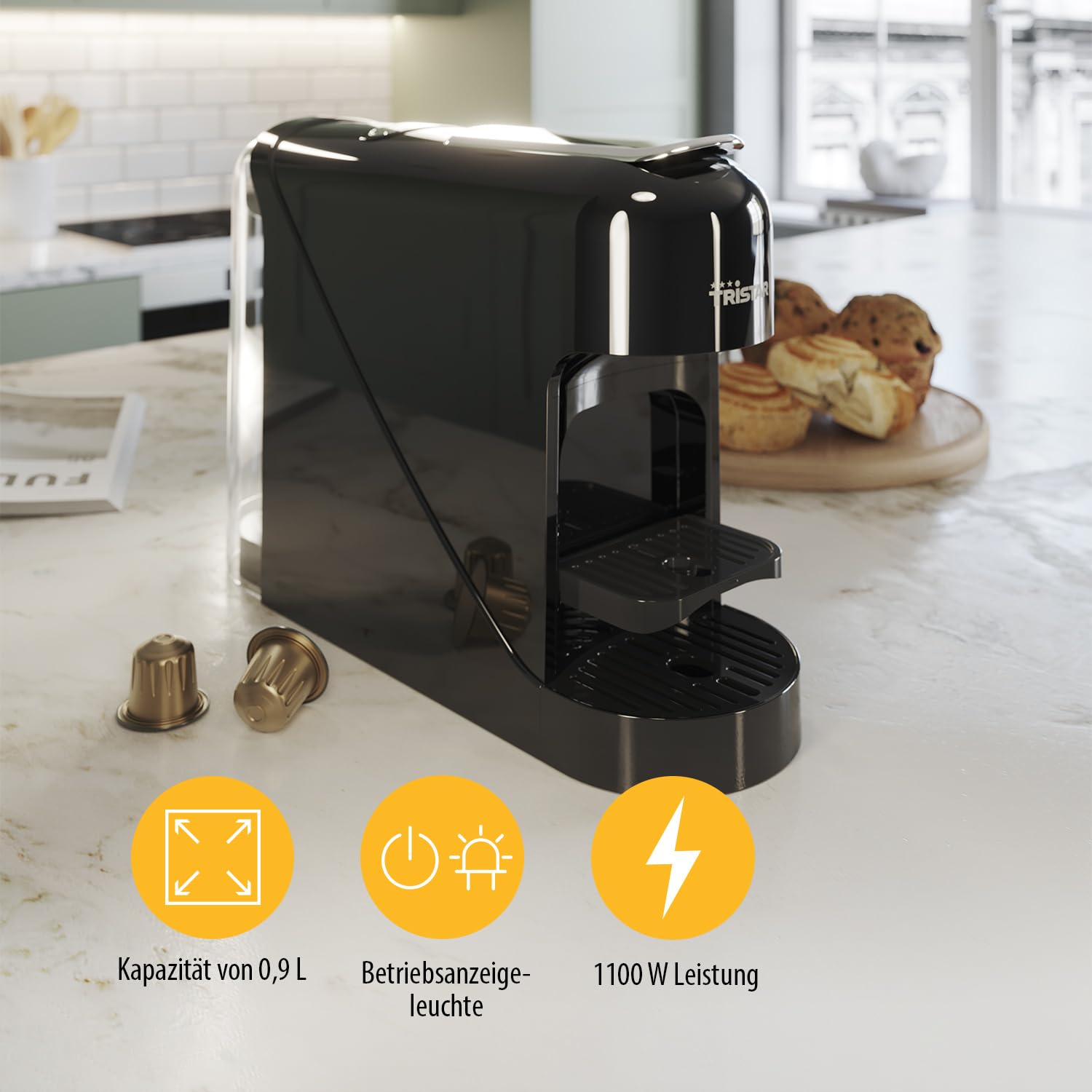 Tristar Kapselkaffeemaschine - Kompatibel mit Nespresso Kapseln - Herausnehmbare Tropfschale - Abnehmbarer, geräumiger 900 ml Wassertank - 20 Bar Druck - 1400 W - CM-2300