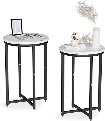Hooseng Mesa auxiliar redonda, 2 piezas de mármol sintético, mesa auxiliar redonda blanca pequeña, mesa redonda moderna para decoración del hogar