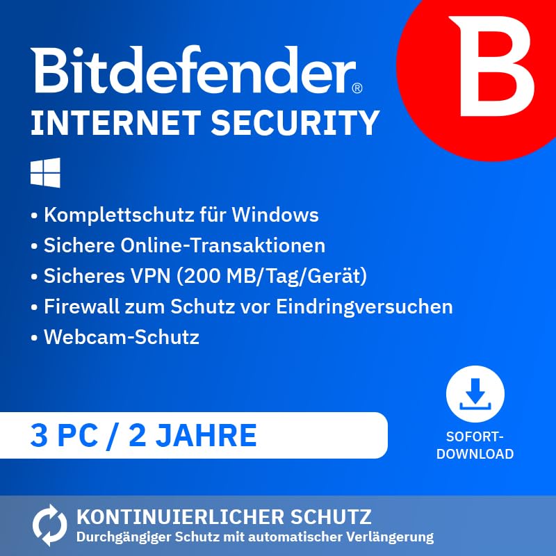 Bitdefender Internet Security 2026| 3 Geräte | 2 Jahre | PC | Code zur Aktivierung per E-Mail | Automatische Verlängerung