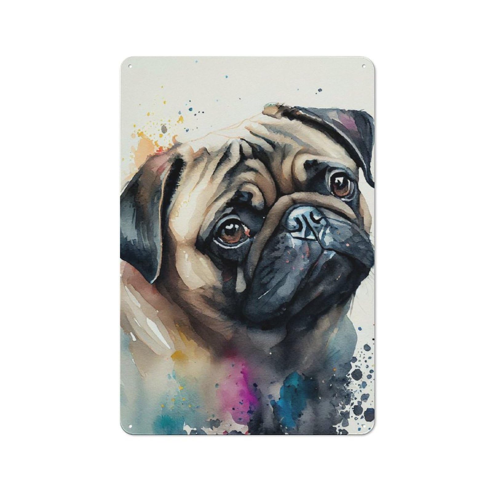 Junmoney Pug Watercolor Dog Printed Metal Sign 30X20cm For Guest Room Or Hallway, Suited To Home Decor Collectors