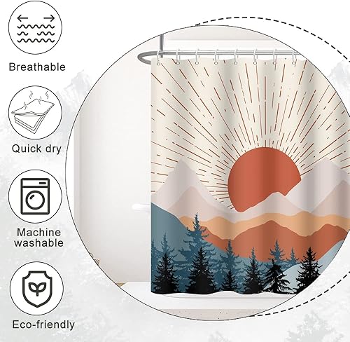Miniatura 4 de Cortina de ducha pequeña, impermeable, abstracta, bosque, de mediados de siglo, bohemio, con diseño de amanecer, juego de cortina de ducha estrecha