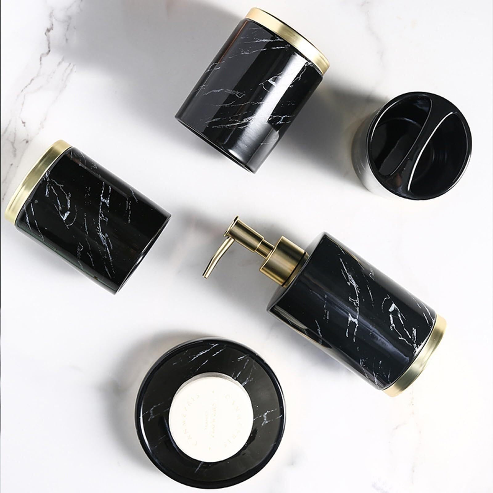 Set di accessori per il bagno Set di 5 dispenser sapone in ceramica, 3 bicchieri for spazzolini, portaoggetti, stile Coastal Deco Arredamento per gli affittuari(Green)