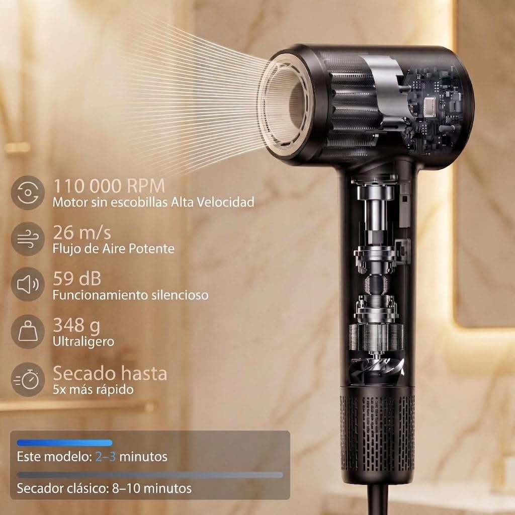 Secador de pelo iónico profesional Verloria, 110.000 RPM, motor sin escobillas de alto rendimiento para un secado ultrarrápido, tecnología de iones 500M, funcionamiento silencioso, con difusor magnéti