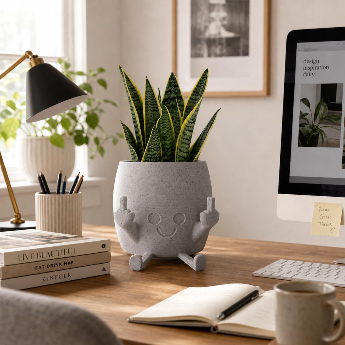 Funny Smiling Face Middle Finger Planter Pot, Cute Resin Plant Pot for Indoor Outdoor Succulent & Cactus, Home Decor, Novelty Humorous Gift for Friends image 2