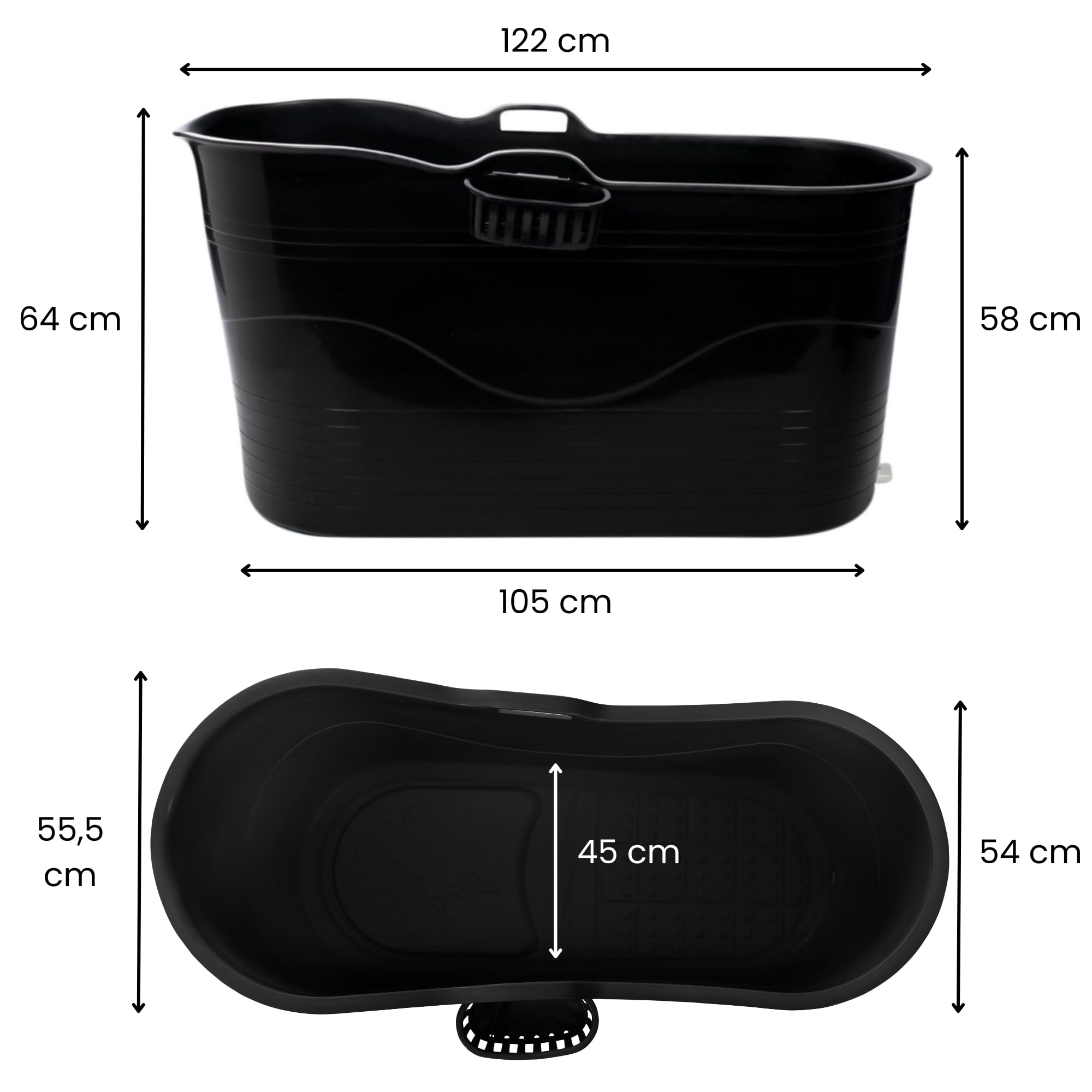 HelloBath® – Bath Bucket XL (Comfort) – 122 cm – Baignoire assise pour adultes – Bain glacé – Tuyau d’évacuation extensible jusqu’à 3 m – Extras : tablette, robinet et housse de protection – Noir