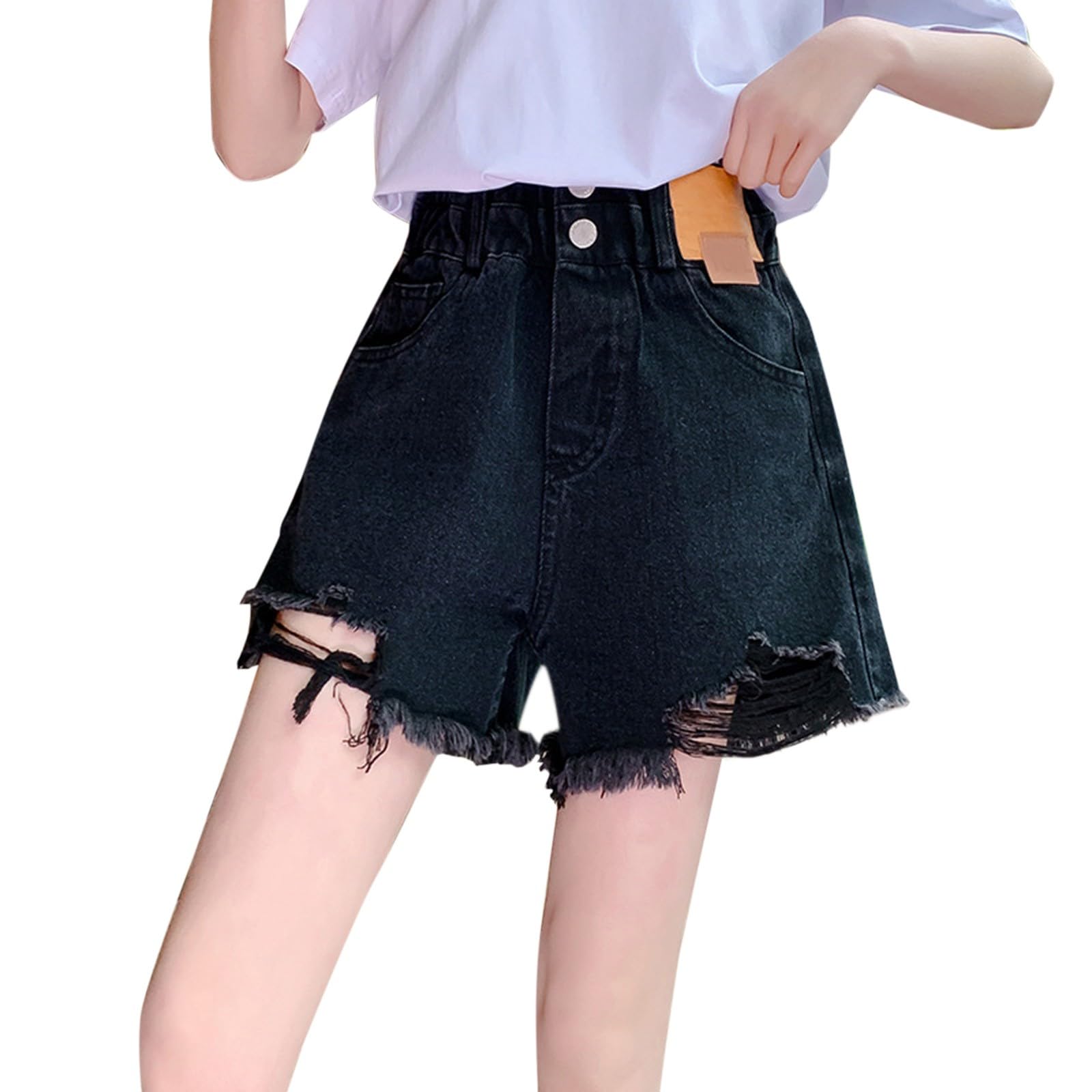 Stilvolle Streetwear Jeans Shorts Mädchen Ripped Denim Kurze Hose Sommer Bequem Outdoor Sportshorts Klassischer Jeansshorts Elastischer Bund Laufshorts Lockerer Passform Strandshorts