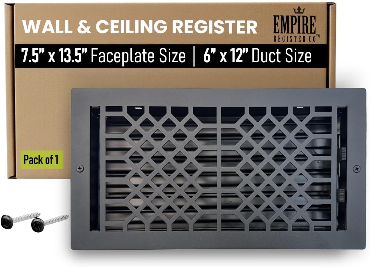 Empire Register Co, Ceiling & Wall Vent Cover - 6x10 inch, Antique Style Design, Textured Black Finish, Metal Damper Attached, Measure Wall Hole Dimensions (not for Floor use)