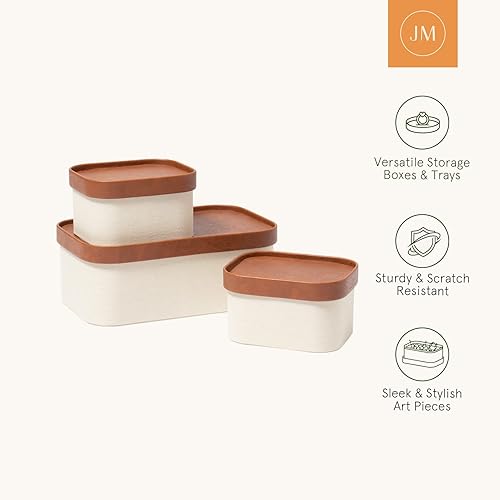 Miniatura 5 de Cajas de almacenamiento decorativas beige con tapas, cestas de almacenamiento con tapas similares al cuero, cajas de papel apilables resistentes,