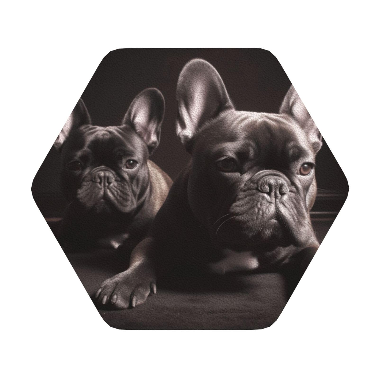 Fodpand Hexagon Bulldog Drink Coasters Set Of 4, Heat Resistant Leather Coasters Fuuny Bar Beer Beverage Coaster For Drinks, Absorbent Cup Mat For Tabletop Protection, Housewarming Gift