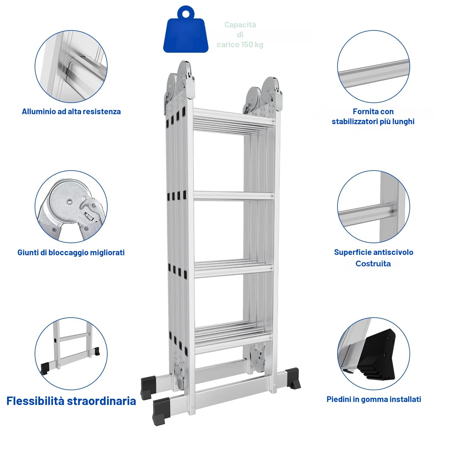 Scala multiuso in alluminio, 4 x 4, 470 cm, 7 in 1, pieghevole, per uso domestico