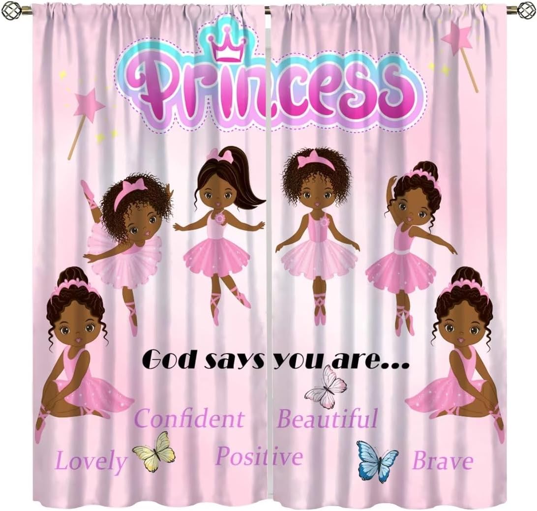 African American Black Girl Curtains for Kids,Cute Ballerina Girl Princess Curtains for Girls Bedroom Living Room Dancing Room Dancing Girl Drapes 2 Panel Set,Total Size 42" x 54"