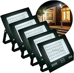 Kit 5 Refletor Led 200w Branco Frio 6500K Resistente a Dagua Proteção Ip66 Holofote Bivolt Slim Iluminação Area Externa Jardim Fachada Loja Potencia 16000 Lumens Alto contraste