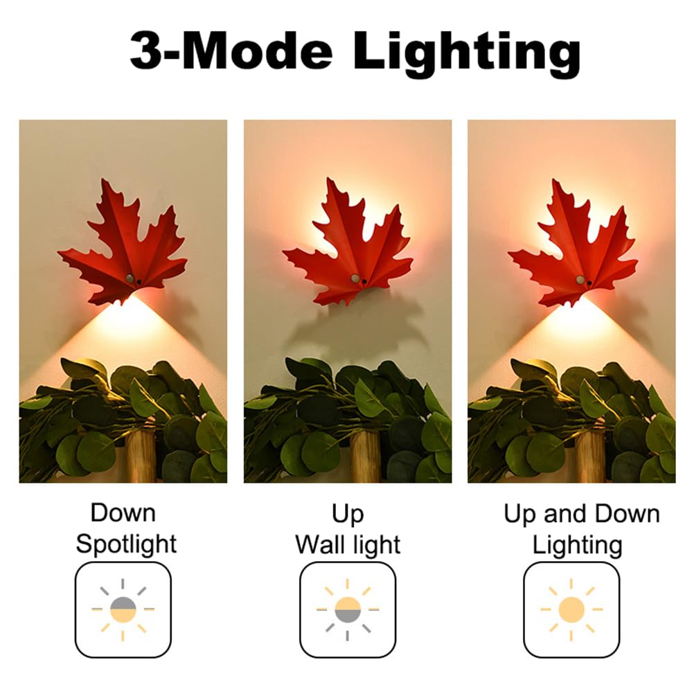 LED Nachtlicht mit Bewegungsmelder Akku Innen Wandlampe Kabellos Ahornblätter Design, 3000K Fernbedienung Dimmbar 3 Modi Wandleuchte Ohne Stromanschluss, USB Aufladbar Magnetisch Treppenlicht,2pack