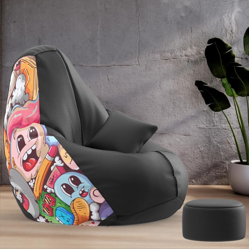 Biggie Bean Bag with Beans Filled XXXXL Bean Bag with Free Cushion and Footrest - Official : PrintZen Combo (Matching Color : Printed, Cartoon Design-Black)-image-27