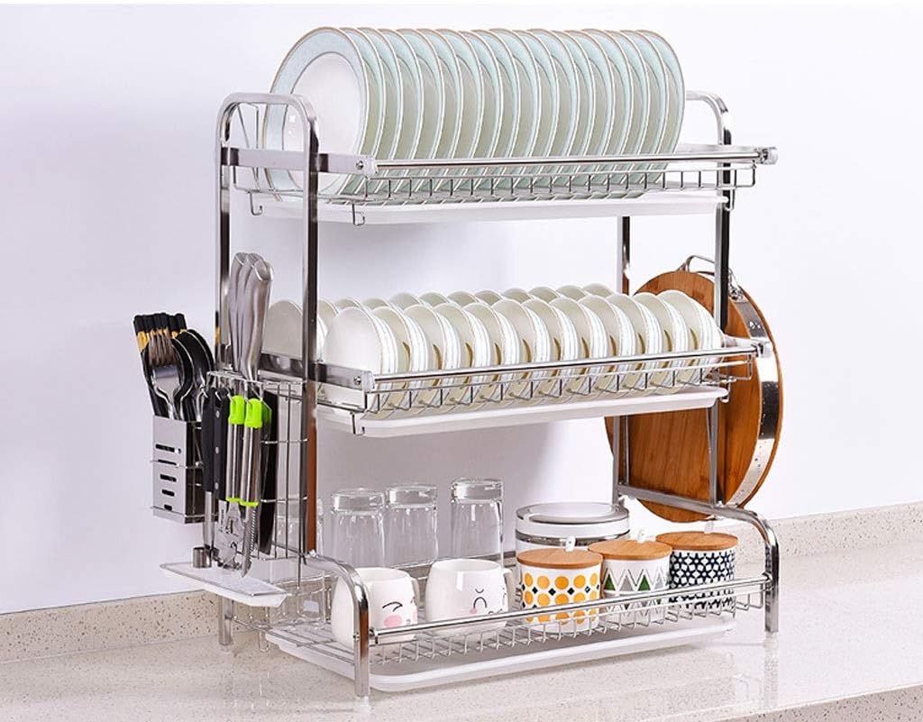 KIZQYN Dish Rack Dish Drying Rack 3 Tier Dish Rack with Drainboard, Dish Drainer