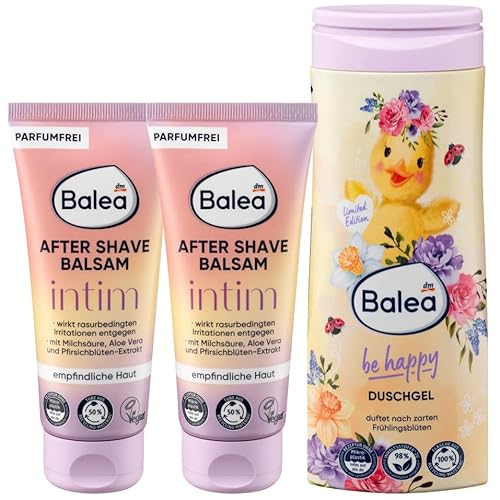 Balea 3er-Set Hauptpflege: AFTER SHAVE BALSAM INTIM sanfte Pflege des äußeren Intimbereichs, wirkt rasurbedingten Irritationen entgegen (2 x 100 ml) + Duschgel BE HAPPY Cremedusche (300 ml), 500 ml