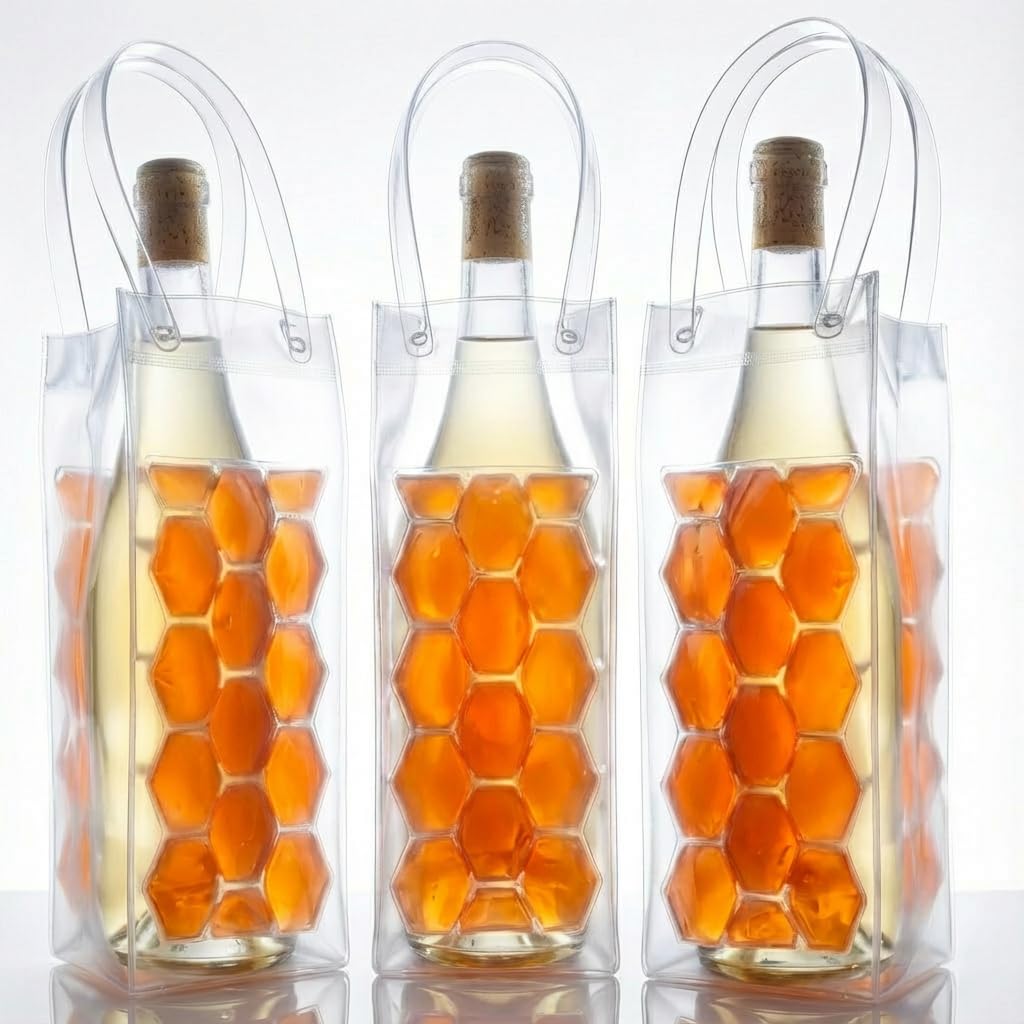 3-Pack Freezable Wine Cooler Bags with Built-in Gel Ice Packs - Portable Hexagon Wine Chiller Sleeve - Reusable Clear Folding Carrier Tote for Champagne, Beer, Picnic & Travel (orange）