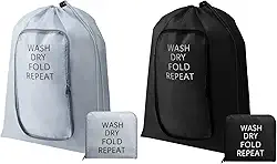 2 peças de sacos de lavanderia de viagem bolsa de roupas sujas para viagens, leve e expansível lavável bolsa de lavanderia com cordão e zíper para mala, 53 x 55 cm (preto, cinza)