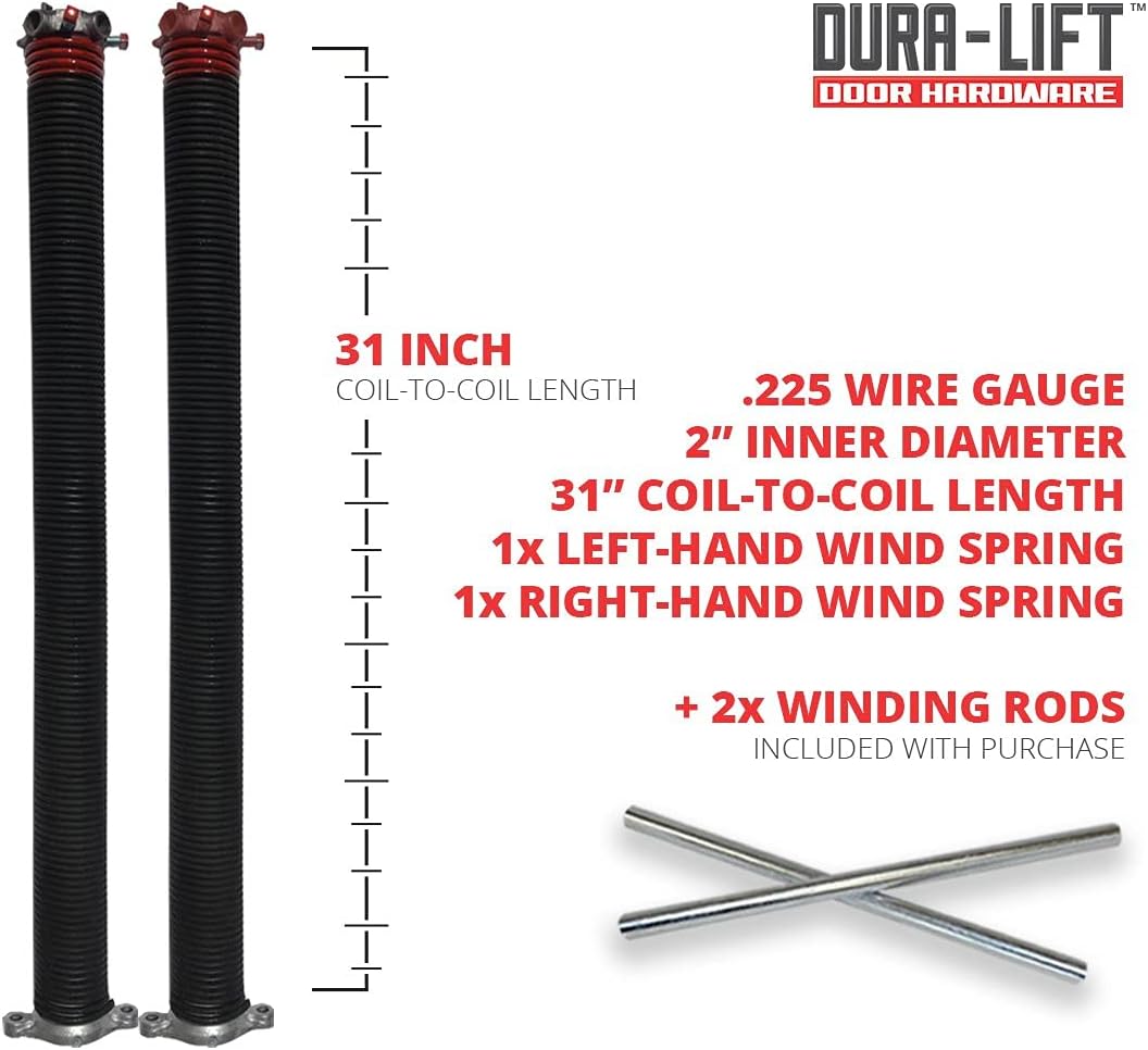 DURA-LIFT .225 x 2" x 31" Torsion Garage Springs (Red, Left & Right Wound) with 18" Torsion Spring Winding Rod (2-Pack)