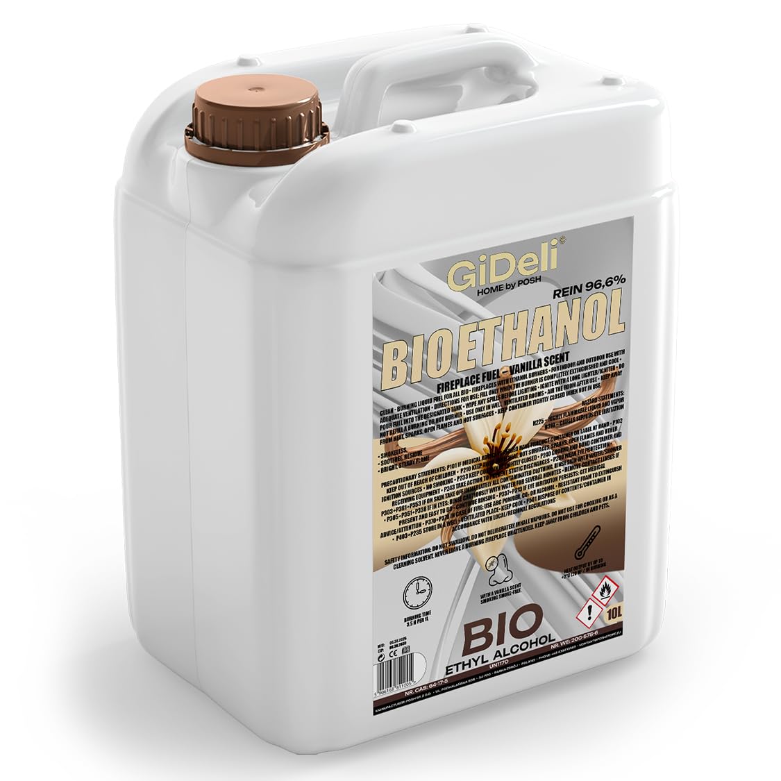 GiDeli Bioetanolo 10 l profumo di vaniglia 96,6% etanolo per camini interni ed esterni, senza fumo e fuliggine, da mais e barbabietola da zucchero