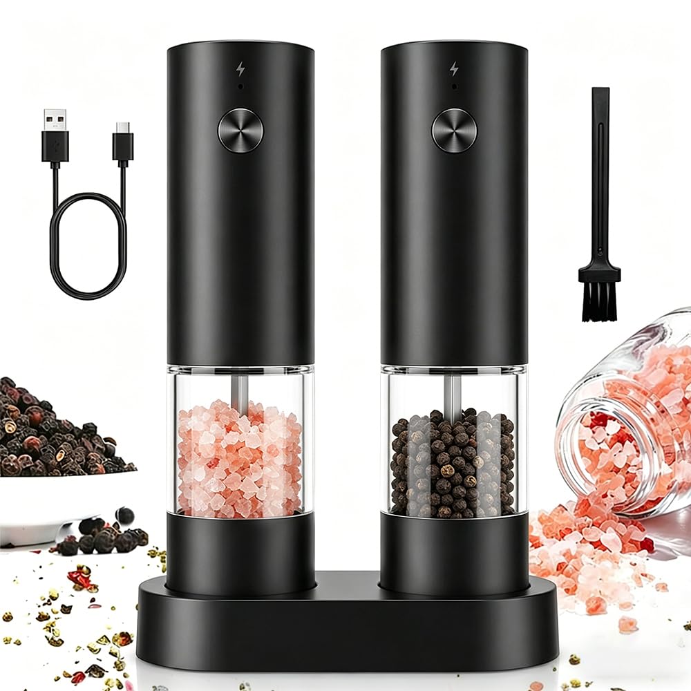 Electric Salt and Pepper Grinder Set, Rechargeable Pepper Mill Grinders, Adjustable Coarseness, Ceramic Grind, Automatic Salt Pepper Mill Grinder Set with Storage Base for Kitchen, Camping, Black
