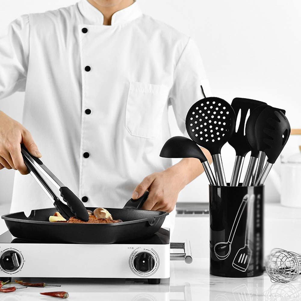 Utensilios de Cocina con Mango de Silicona 9 en 1, Utensilios de Gel de sílice, Utensilios de Cocina, sartén Antiadherente, Pala, Cuchara, espátula, Juego de Herramientas de Cocina