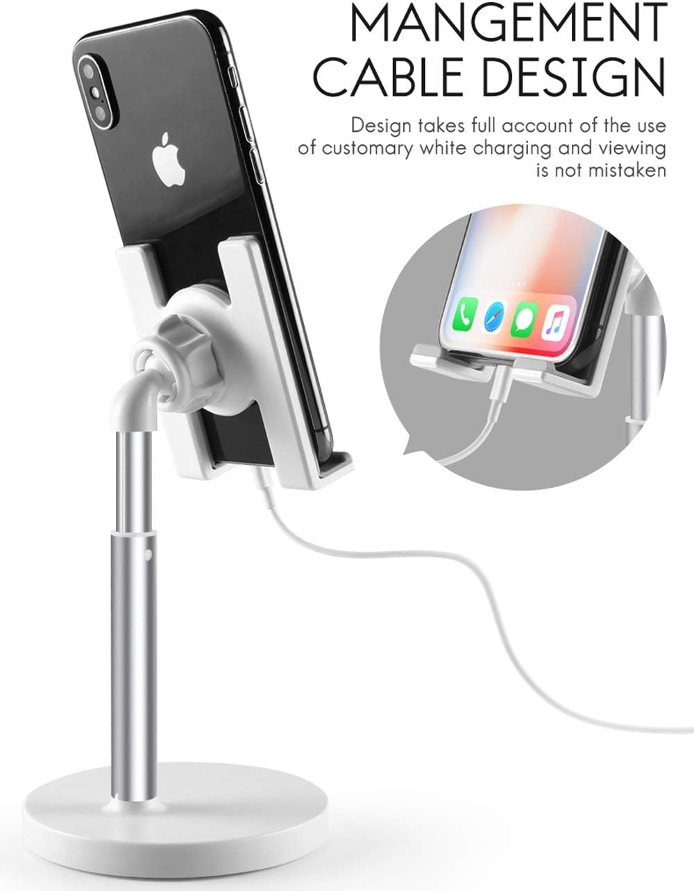 [2020 Upgraded] Cell Phone Stand, Height Angle Adjustable Phone Stand, Aenfor Thick Base Phone Holder Stand for Desk, Compatible with All Mobile Phones,iPhone, iPad and Tablets(7-10.5''), White