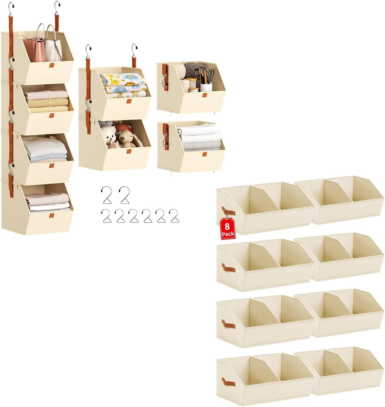 Hanging Closet Organizer 4 Tier - Clothes Hanging Shelves & 8 Pack Collapsible Divided Trapezoidal Cube Storage Bins Baskets with Orange Handle