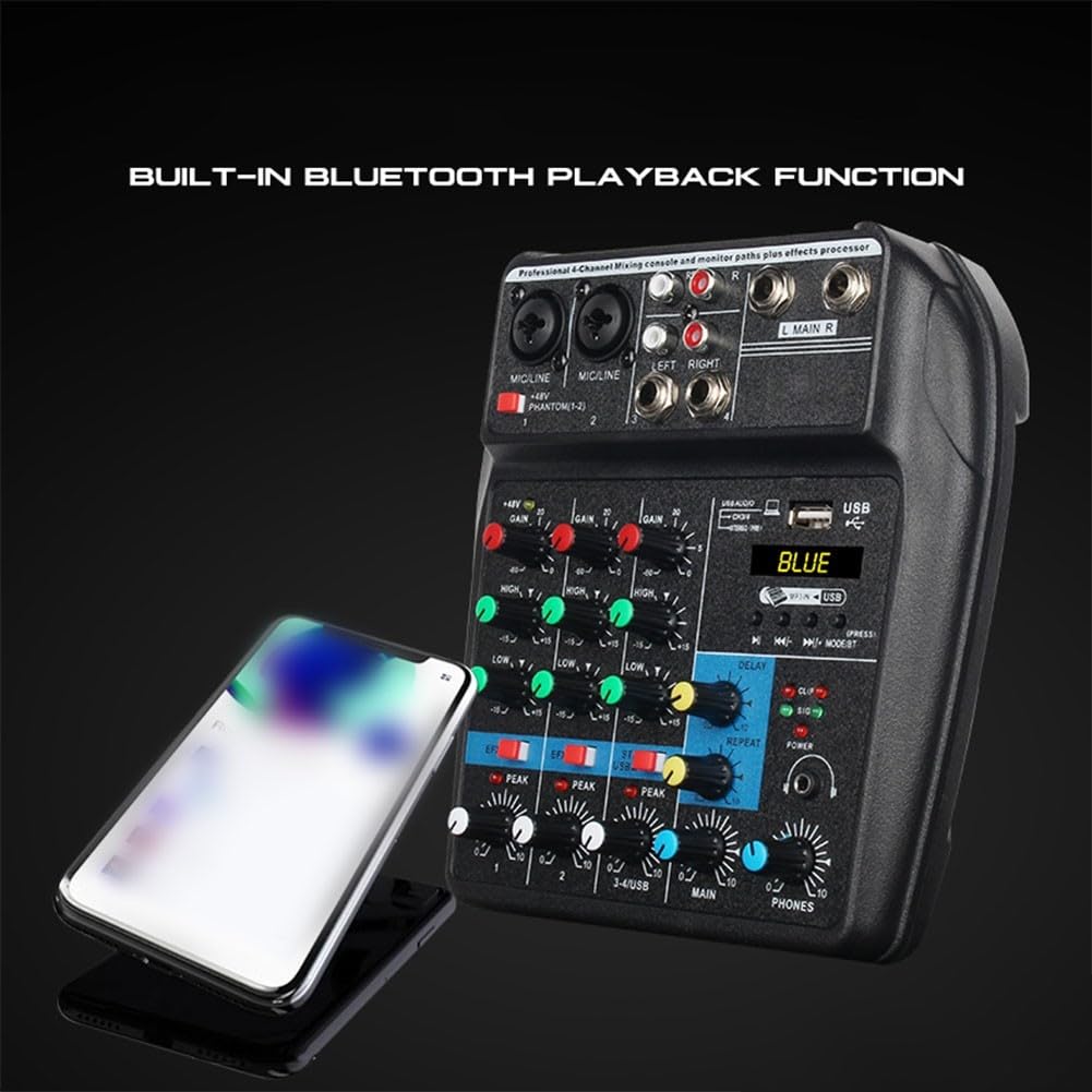 Mezclador de audio de 4 canales con BT USB 48 V Phantompower para Studio Live Streaming DJ, consola, Soundboard, compacta, azul