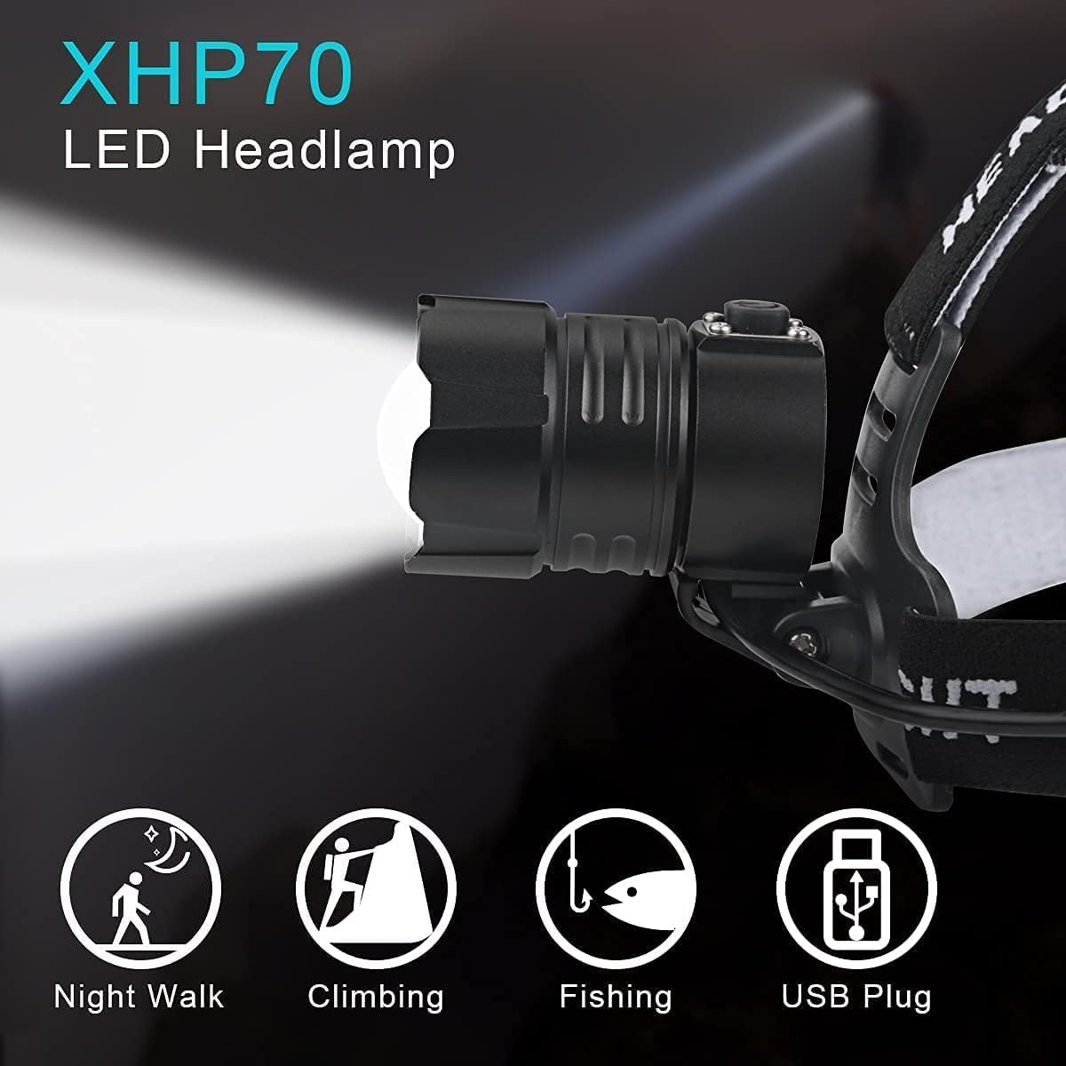 Lampe frontale rechargeable 200000 lumens, lam0pe frontale à LED super brillante XHP70.2, réglage de la mise au point 3 modes phare étanche, fonction banque d'alimentation pour la randonnée en camping