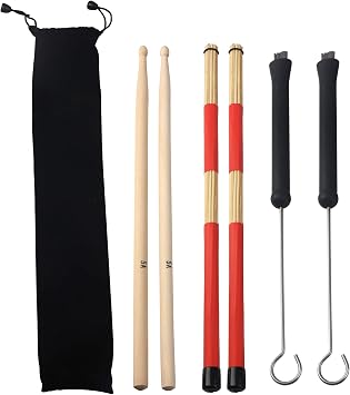 Drum Sticks Set,1 Pair Rods Drum Brushes,1 Pair Drum Wire Brushes Retractable Drum Stick Brush,1 Pair 5A Classic Maple Wood Drum Sticks & 1 portable storage bag