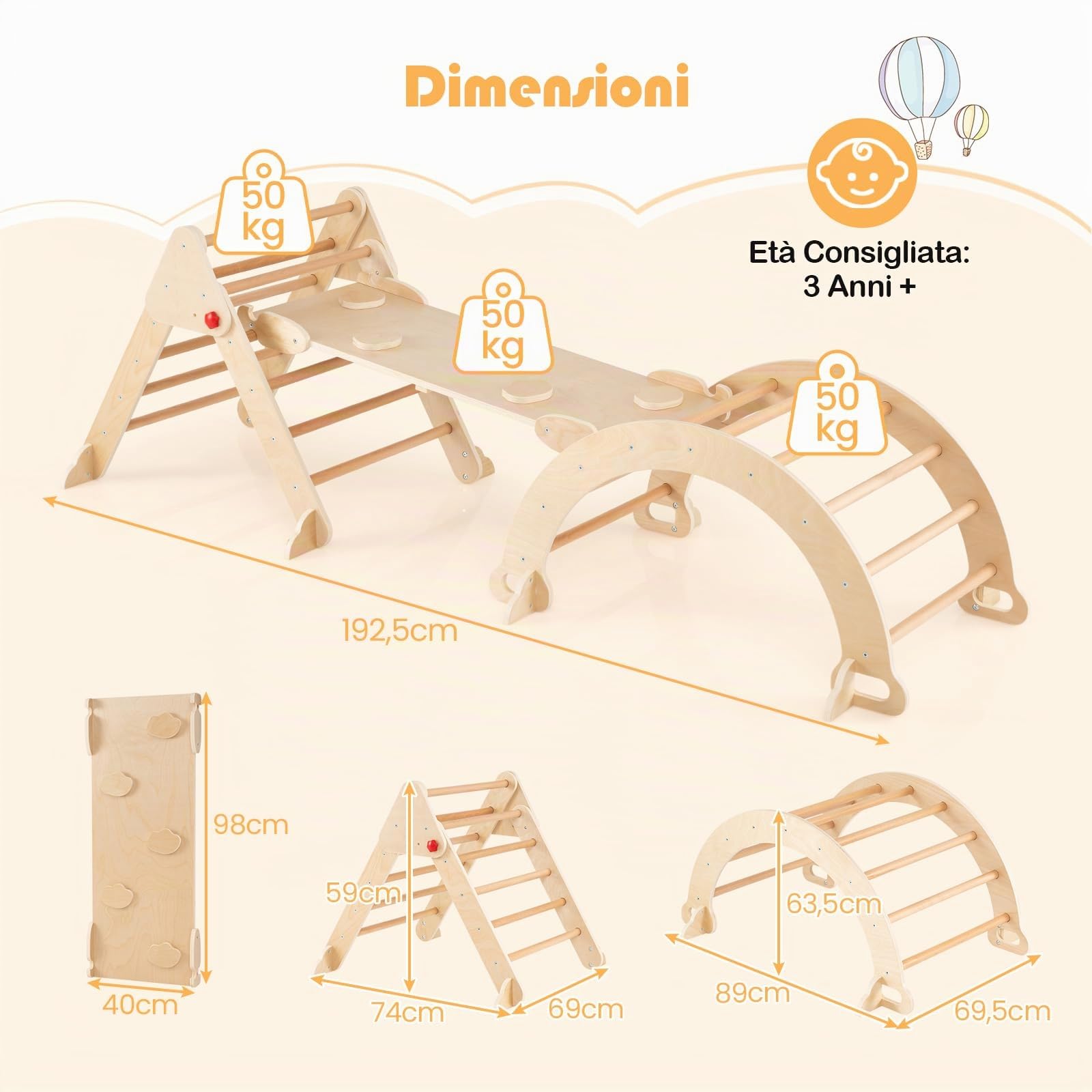 COSTWAY 7 in 1 Set da Arrampicata per Bambini, Giochi Montessori in Legno con Arco, Rampe e Triangolo Pieghevole, Giocattoli da Arrampicata per Bambini 3 Anni+