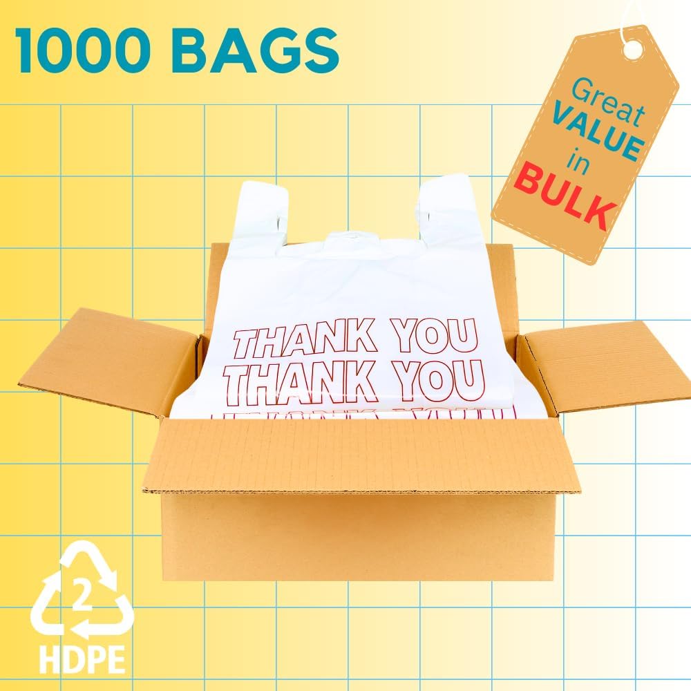 Bulk Thank You T-Shirt Bags (1000 Count) | White Plastic Shopping Sacks with Handles – Reusable for Grocery, Retail, Takeout, Merchandise & Small Trash Liners (11.5" x 6.5" x 21")