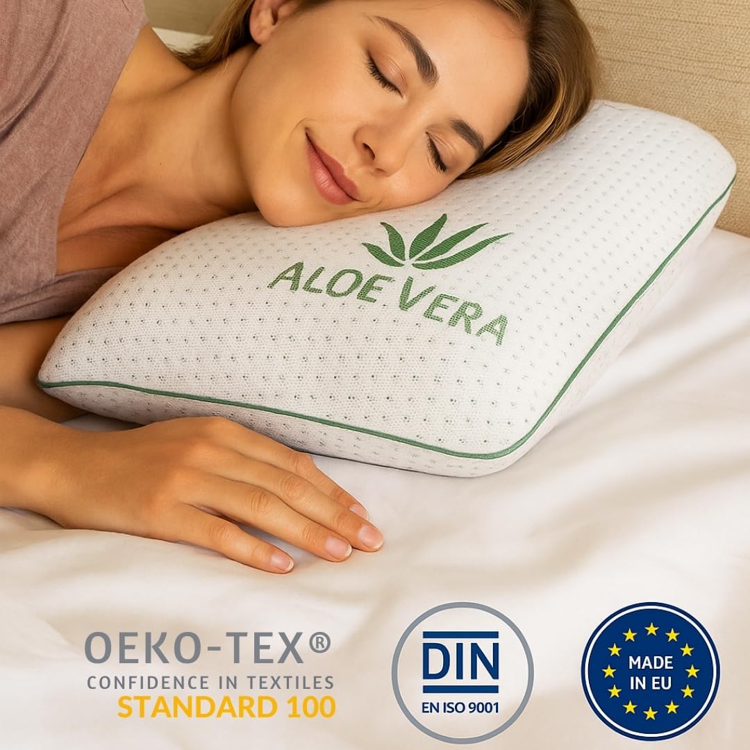 Aloe Vera Memory-Schaum Kopfkissen, Waschbarer Bezug mit Aloe-Vera-Extrakt, Ergonomisch für Kopf und Nacken, Weiß