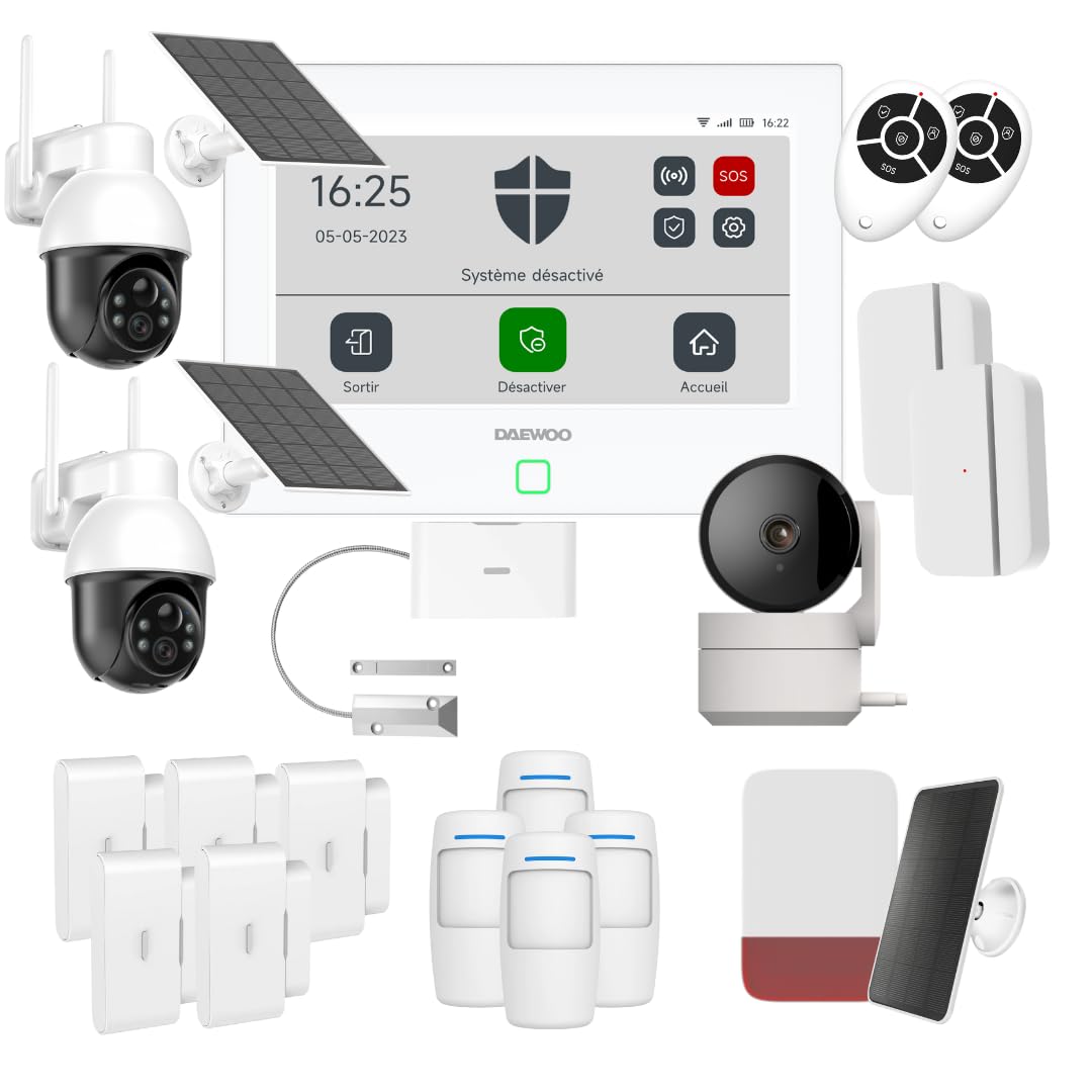 Daewoo Alarmanlage, WLAN/GSM Touch, 7 Zoll (17,8 cm), AM504L, kabelloses und ohne Abonnement, Tierfreundlich, Detektoren inklusive + Überwachungskamera, Full HD, Mobile App inklusive