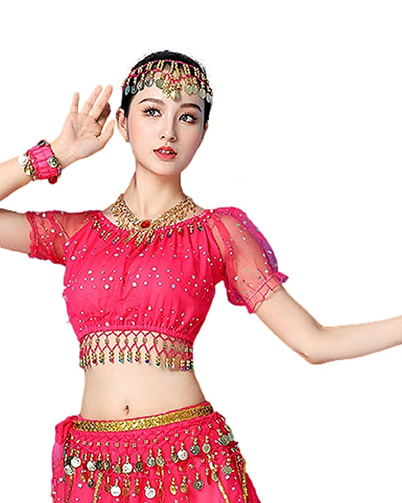 Bollywood Indian Womens Arabian lace Ribbon Belly Dance 3-Piece Dress Girl Costume (top/Skirt/Belt Scarf) (Pink, M) - Image 2