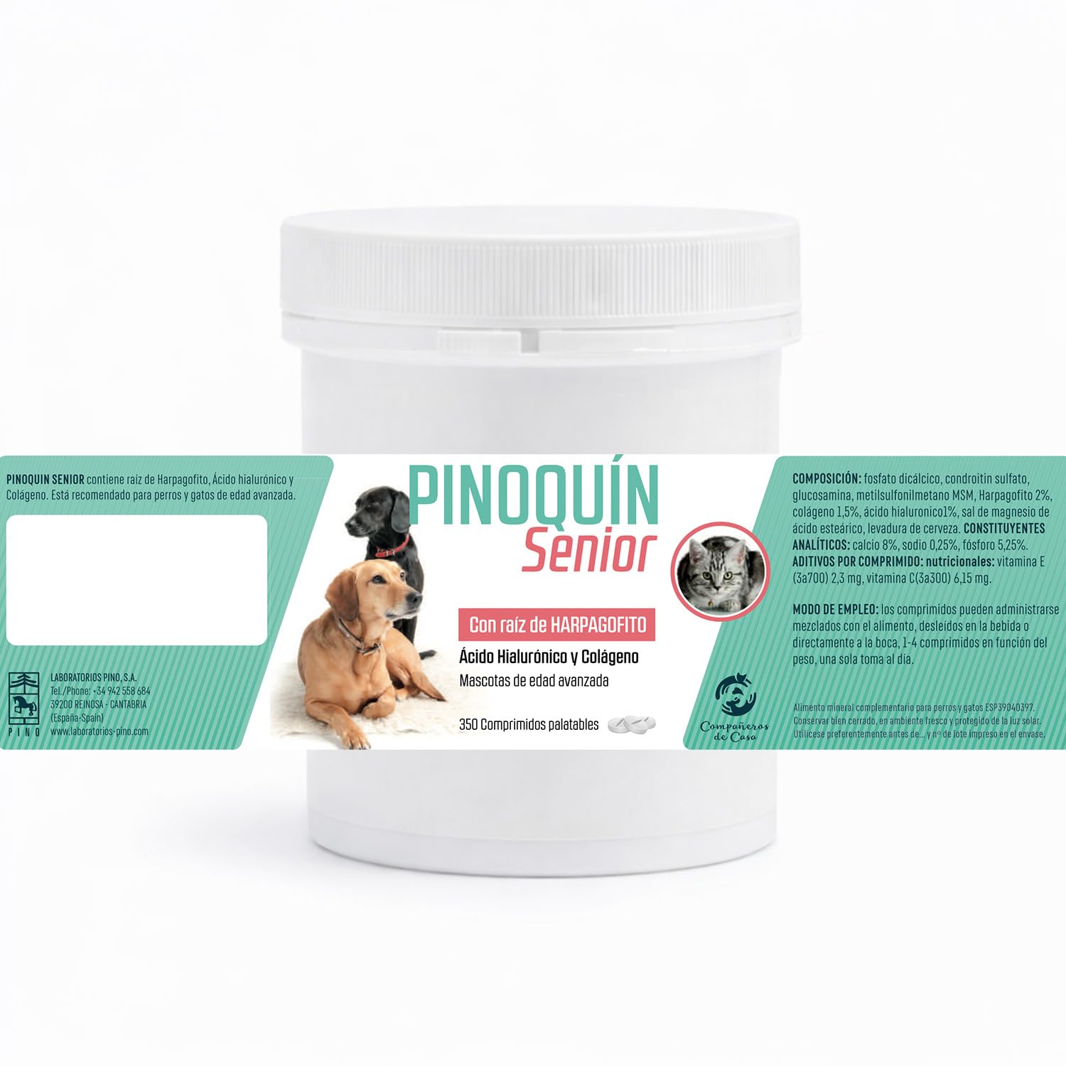 Laboratorios Pino Pinoquin Senior Condroprotector para Perros y Gatos Senior con Glucosamina, Condroitina, MSM, Harpagofito, Colágeno y Ácido Hialurónico, 350 Comprimidos
