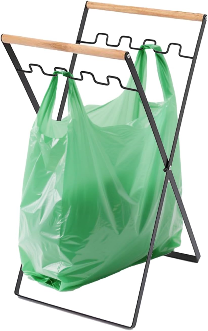 JELUTRIC Trash Bag Holder,Metal Garbage Bag Stand with Wooden Handle,15 Gallon Portable Can Bag Rack Stand for Home Yard Kitchen Office Camping,Foldable Leaf Bag Holder for Indoor Outdoor Use