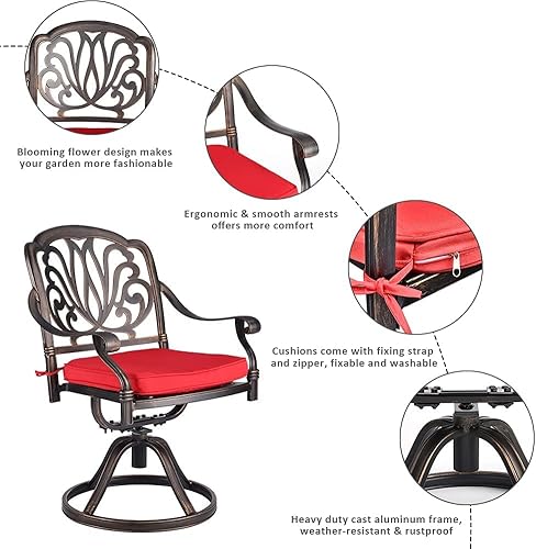 Miniatura 3 de TITIMO Juego de 3 piezas de bistró para exteriores, juego de conversación de aluminio fundido con 2 sillas giratorias de patio y 1 mesa redonda para