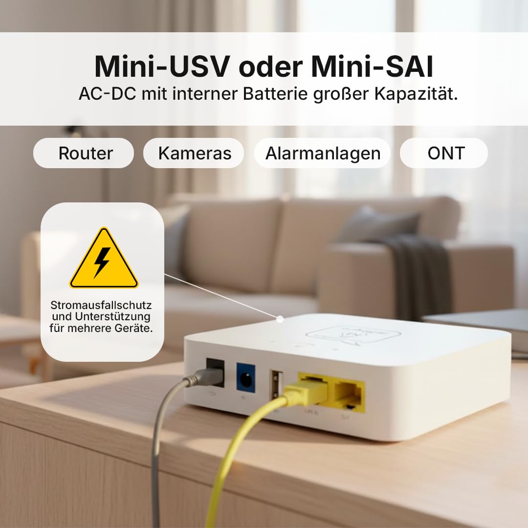 Neue Mini-UPS AC-DC mit interner Batterie mit hoher Kapazität und 5V+9V+12V+PoE-Ausgängen. Gültig für Router, Kameras, Alarme usw...