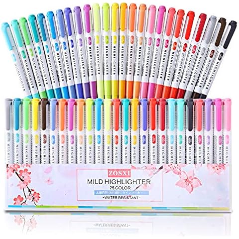 Zosxi Highlighter Double Ended Mild color Highlighter Fluorescent Marker pen for Coloring, Underlining, Highlighting,Broad and Fine Tips,Assorted 25 Colors (25 Color set) Cover