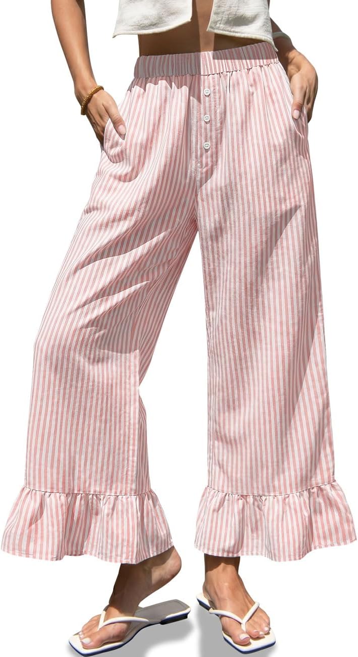 TARSE Womens Gingham Wide Leg Pants High Waist Ruffle Hem Trousers