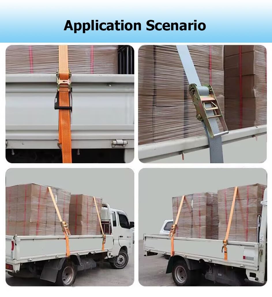 Paquete de 2 Correas de Amarre de Carga Resistentes de Color Gris, de 5 cm de Ancho y con Gancho Doble en J, con trinquete y Capacidad de Carga de hasta 5000 kg.(8.0m/26.2Ft)