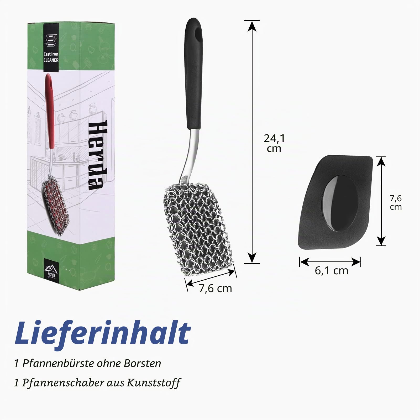 Gusseisen-Reinigungsset Kettennetz-Schrubber + Pfannenschaber – langer Griff 316 Stahl Kettenbürste zum Reinigen von Pfannentopf, Bratpfanne, Metallschrubbebürste, Kohle-Dutch Oven Scrubber Bürste